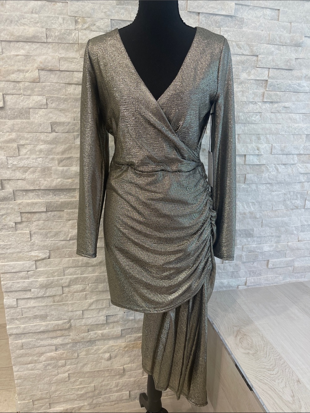 Bailey 44 Metallic Silver Ruched Wrap Long Sleeve Dress